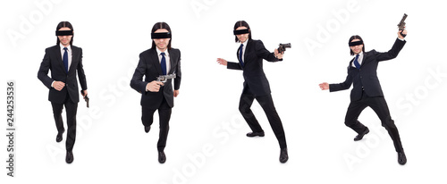 Young man with covered eyes and gun isolated on white