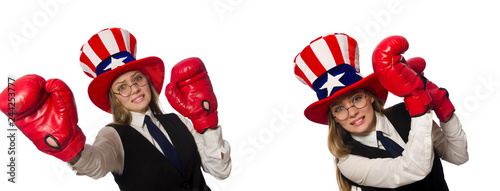 Woman with boxing gloves isolated on white