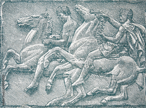 Cavalry from a Parthenon frieze on old Greece drachma (1944), vintage retro engraving. photo