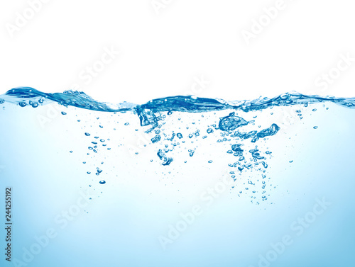 blue water with air bubbled and splash isolated on white background
