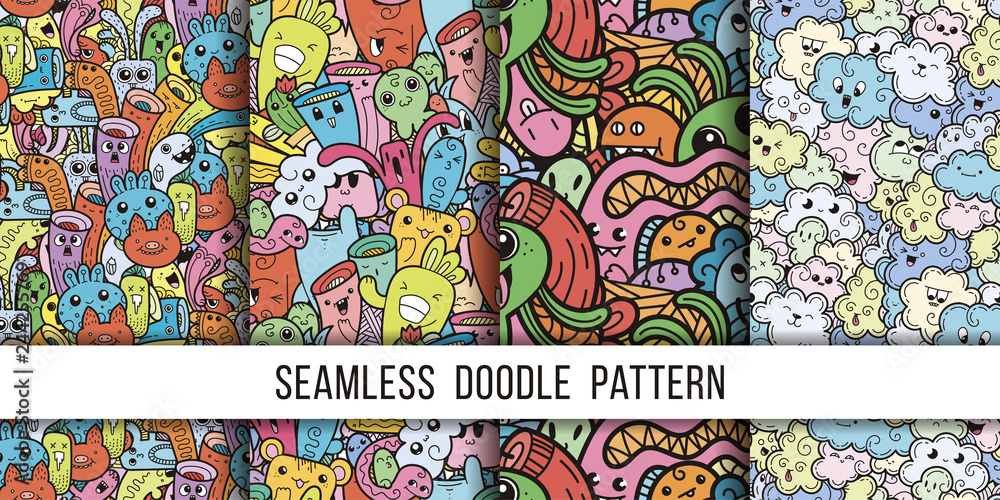 Naklejka premium Kolekcja zabawnych doodle potwory wzór dla wydruków, wzorów i kolorowanki