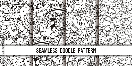 Collection of funny doodle monsters seamless pattern for prints, designs and coloring books photo