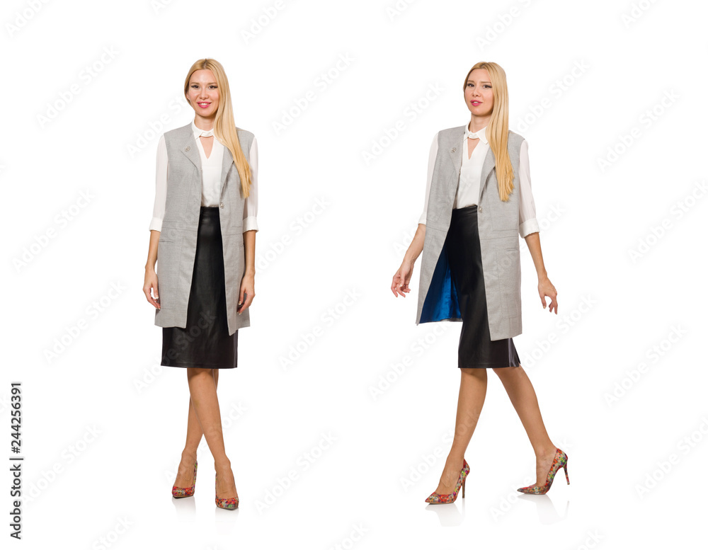 Pretty woman in leather skirt isolated on white