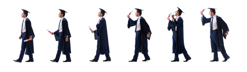 Young man happy with his graduation isolated on white 
