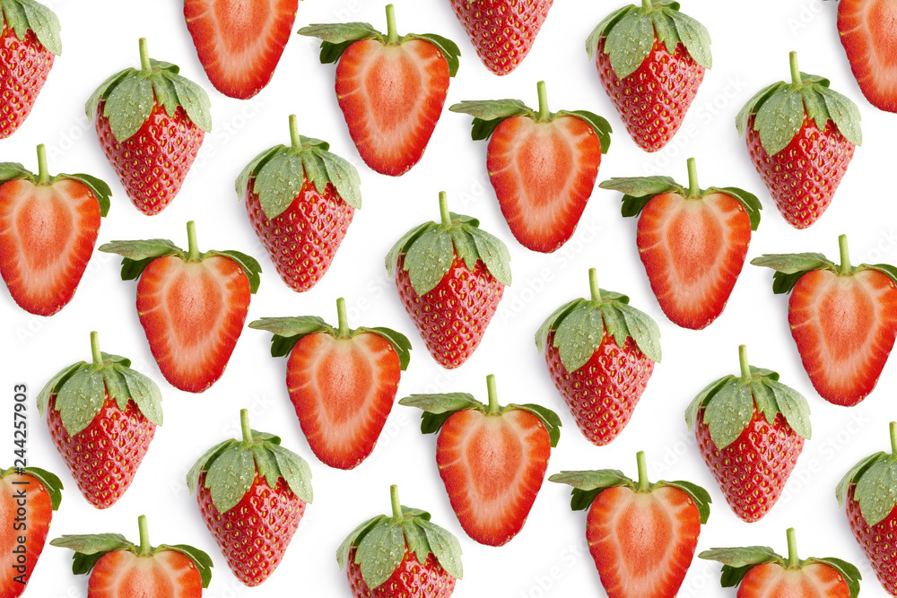 Fresh strawberries pattern, top view on white. Fresh strawberries pattern, top view on white.