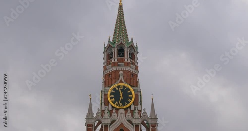 Moscow Kremlin Main Clock named Kuranti on Spasskaya Tower 12 hours . Red Square. Timelapse. photo