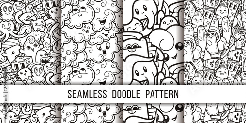 Collection of funny doodle monsters seamless pattern for prints, designs and coloring books