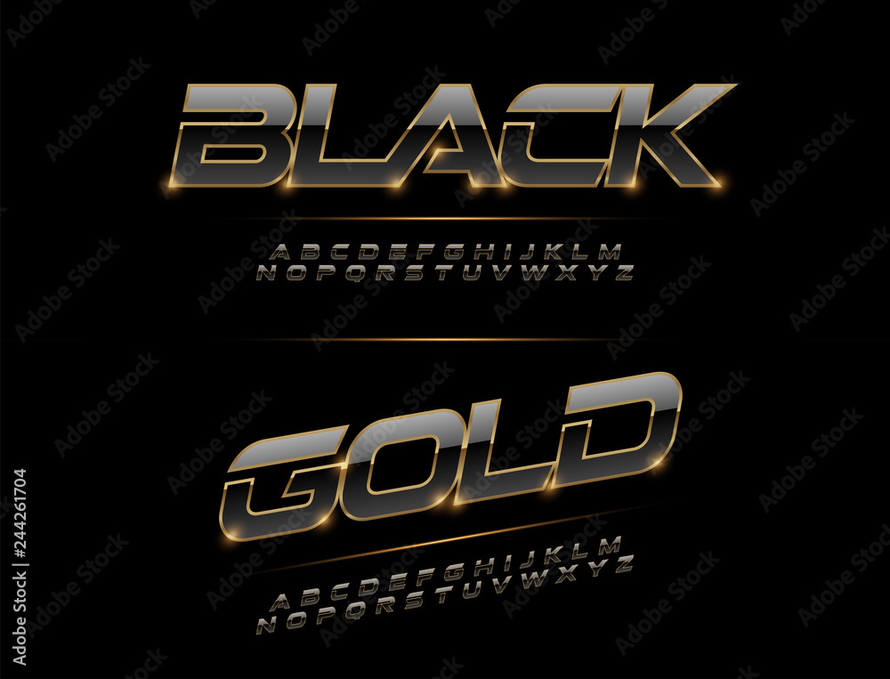 Elegant Sport Black, Silver and Golden Metal Chrome Alphabet Font. Typography modern style gold font for technology, digital, movie logo design. vector illustration - obrazy, fototapety, plakaty 