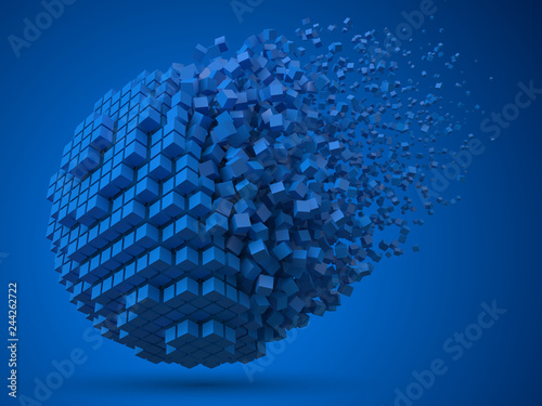 dissolving spherical data block. made with blue cubes. 3d pixel style vector illustration.
