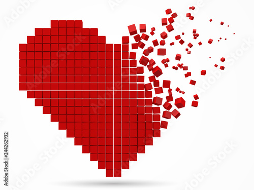 heart shaped, dissolving data block. made with red cubes. 3d pixel style vector illustration.