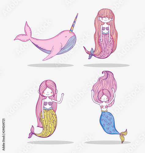 set whale unicorn with pretty mermaid women