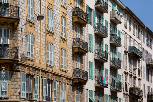 Beautiful apartment blocks in Nice, France with decorative balconies