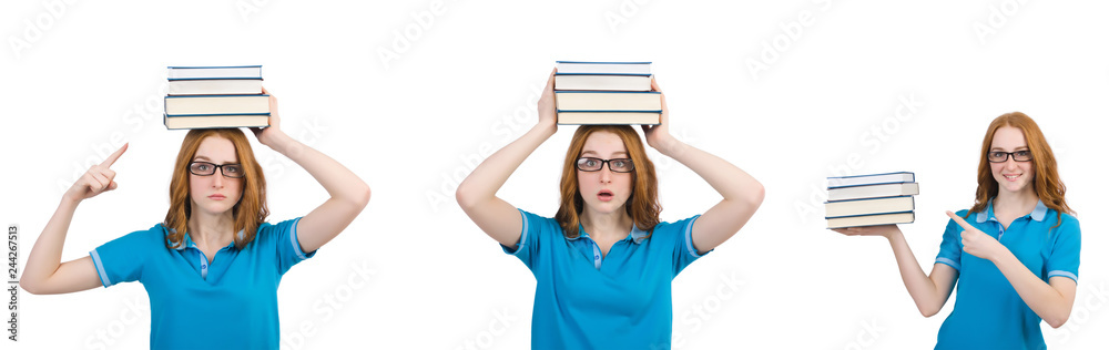 Female student with many books isolated on white Female student with many books isolated on white
