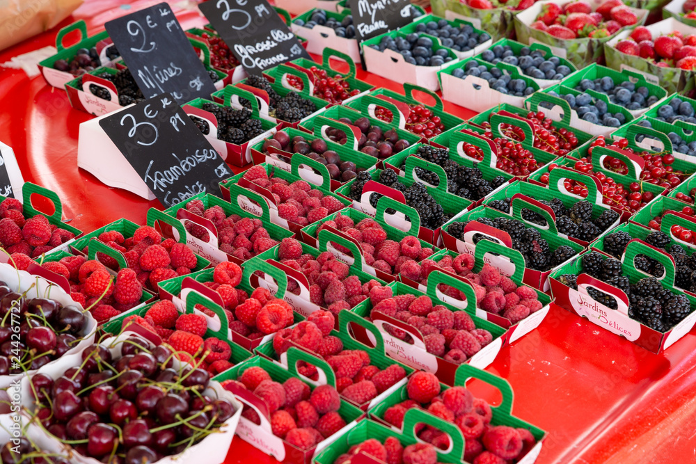 A selection of fuit berries for sale at Nice market in the south of France
