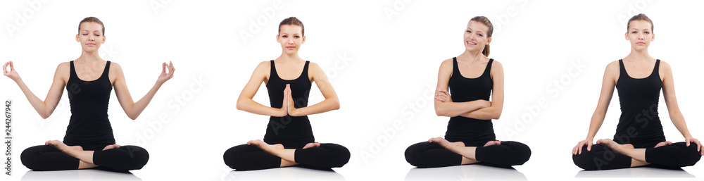 Young woman sitting cross-legged and doing yoga Young woman sitting cross-legged and doing yoga