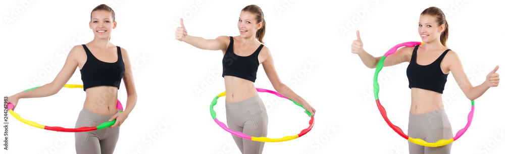 Young woman with hula hoop isolated on white Young woman with hula hoop isolated on white