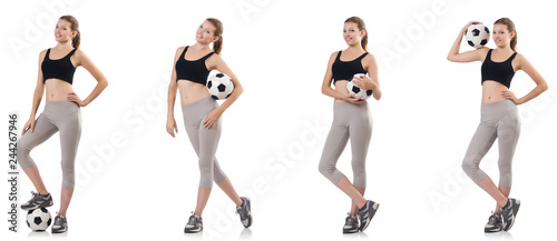 Young woman with football isolated on white 