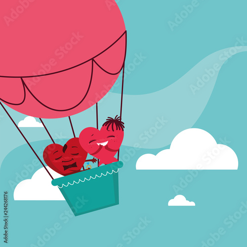 hearts couple flying in balloon air hot