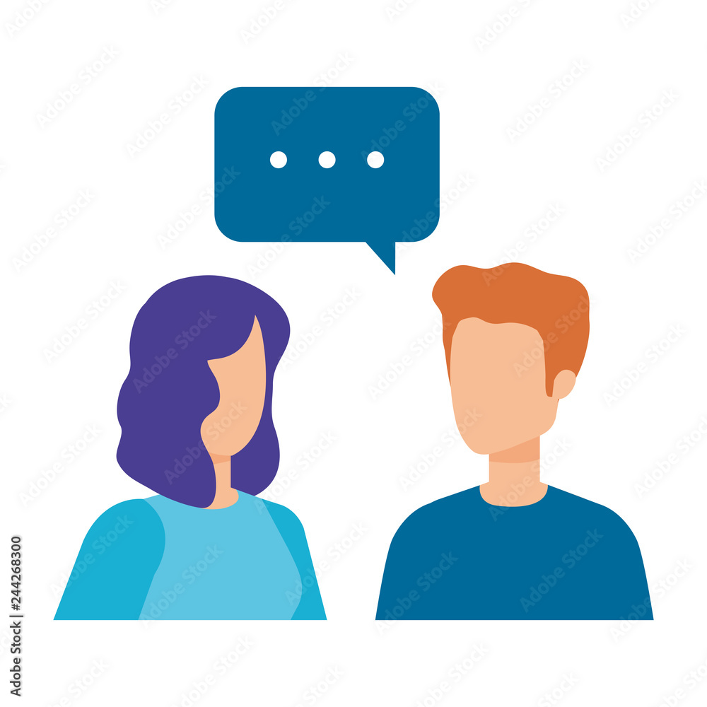 young couple with speech bubble characters