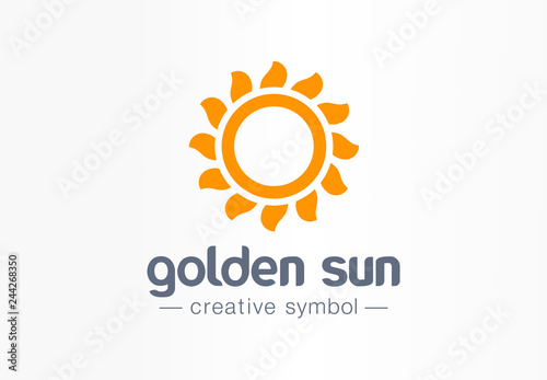 Golden sun rays creative symbol concept. Summertime sunlight, sunflower, solarium abstract business logo. Summer, sunshine, sunrise, flower icon