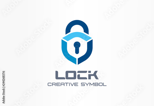 Lock creative symbol concept. Cyber security system, access control, protection abstract business logo. Close padlock, secure shield, guard icon