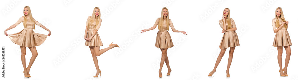 Beautiful woman in golden dress isolated on white Beautiful woman in golden dress isolated on white