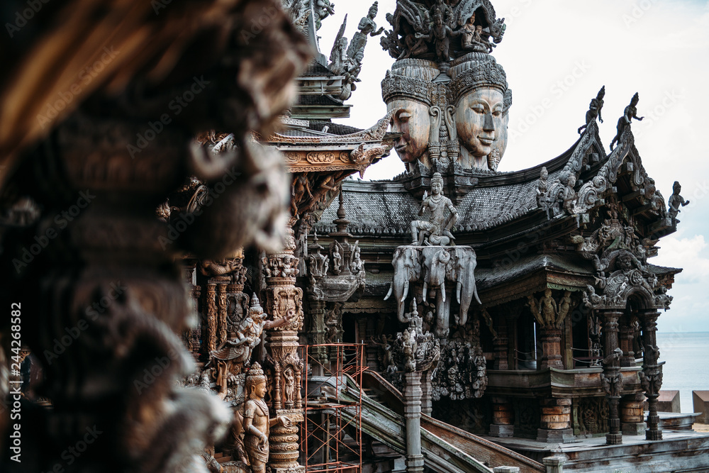 Sanctuary of Truth is a temple construction in Pattaya, Thailand. The sanctuary is an all-wood building filled with sculptures based on traditional Buddhist and Hindu motifs.