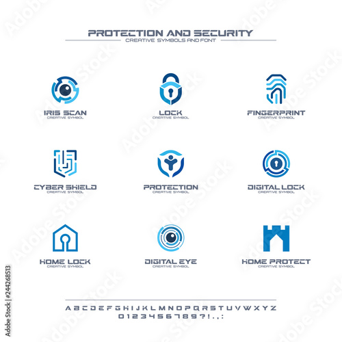 Protection and security creative symbols set, font concept. Home, people secure abstract business logo. Safe lock, padlock shield icon