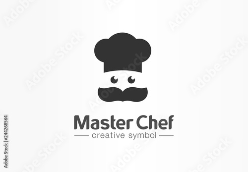 Master chef creative symbol concept. Cook face, mustache and hat, restaurant abstract business logo. Baker kitchen , cafe menu, tasty food icon