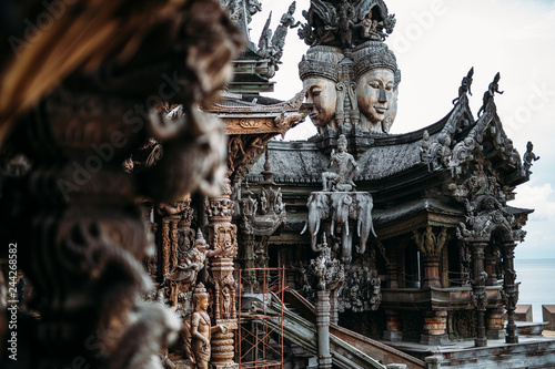 Sanctuary of Truth is a temple construction in Pattaya, Thailand. The sanctuary is an all-wood building filled with sculptures based on traditional Buddhist and Hindu motifs. © Denis