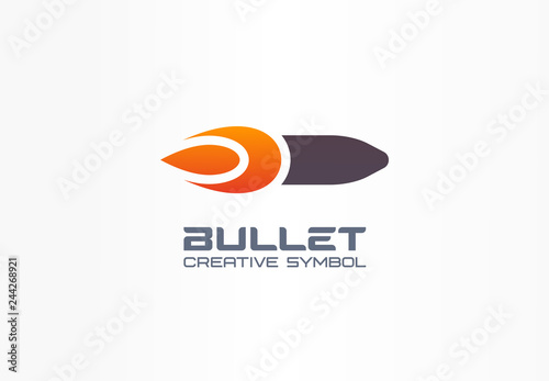 Bullet creative symbol concept. Fire power flame shape in abstract business military logo. Gunshot target, gun flash, speed army flying weapon icon.