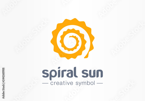 Spiral sun creative symbol concept. Summer morning light abstract business solarium beauty logo. Hot sunshine weather, circle sunscreen gold icon.