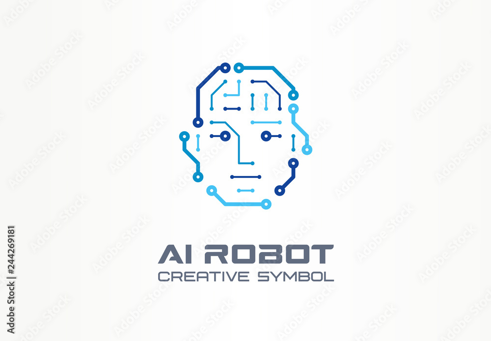 AI robot technology creative symbol machine concept. Digital bionic cyborg face abstract business future logo. Smart humanoid, vr electronics icon.