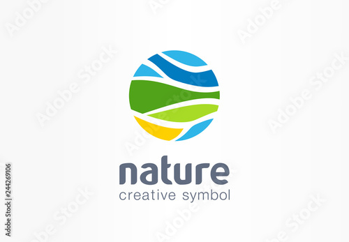 Nature creative symbol planet concept. Organic farm field abstract business agriculture logo. Eco friendly environment, fresh water, bio food icon.