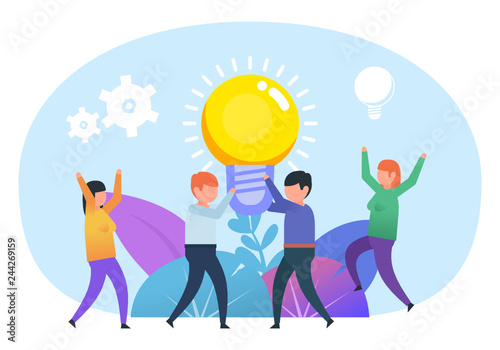 Brainstorm  creative idea  startup. Group of people hold and stand near big idea light bulb. Poster for social media  web page  banner  presentation. Flat design vector illustration