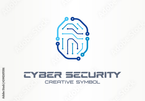 Cyber security creative symbol concept. Digital lock, thumb fingerprint, id access control abstract business logo. Circuit, smartphone unlock icon.