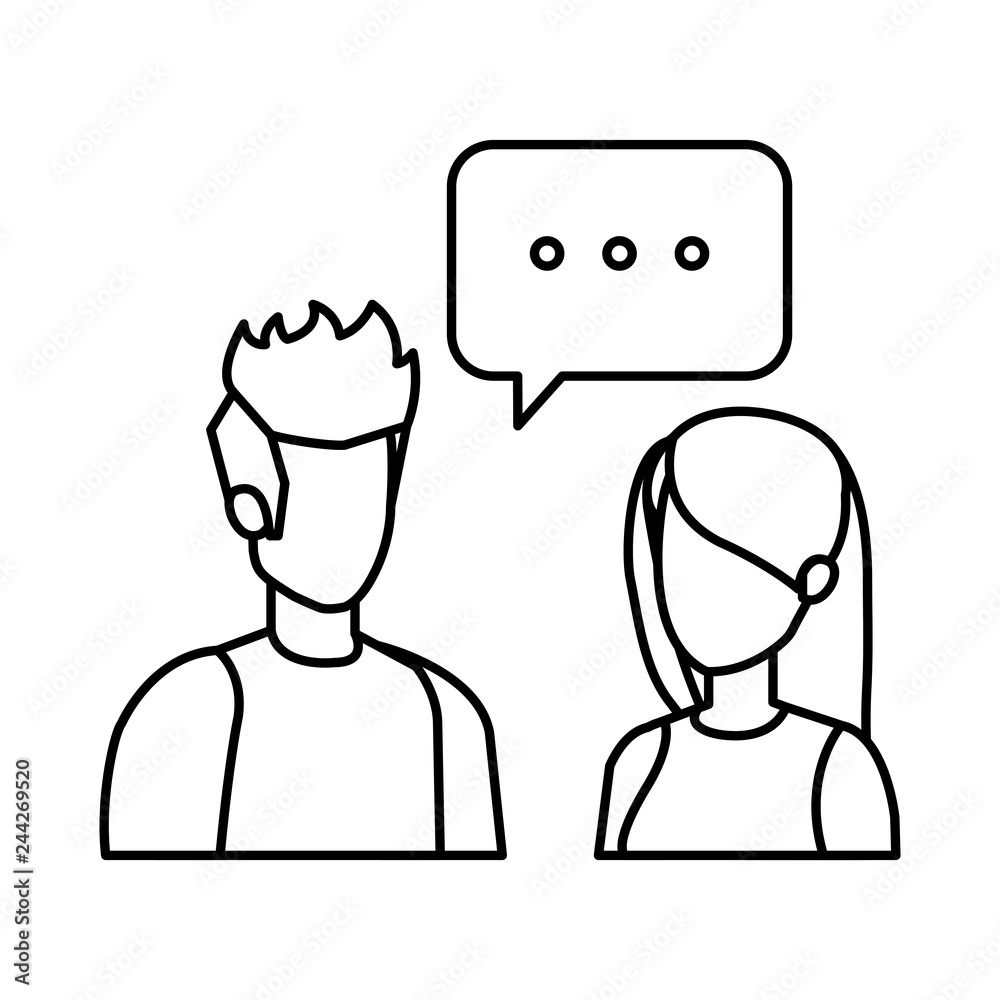 young couple with speech bubble characters young couple with speech bubble characters