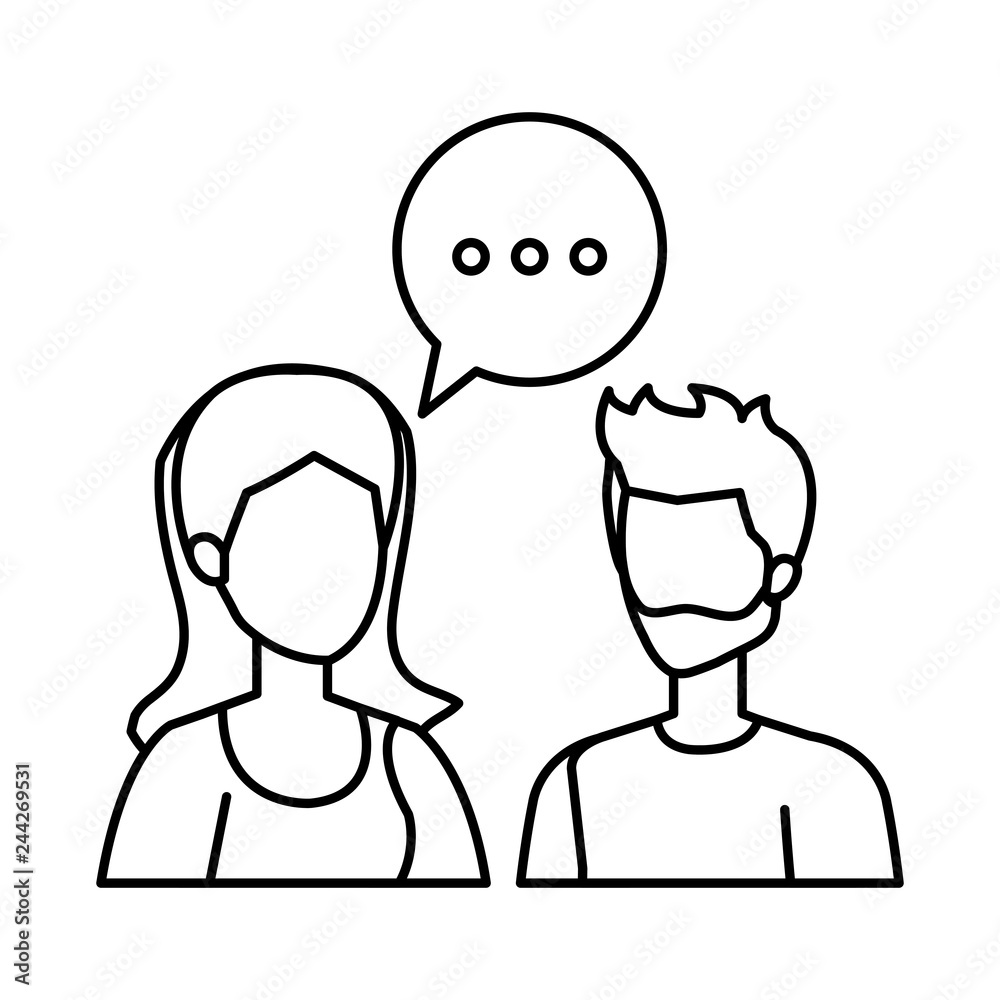 young couple with speech bubble characters