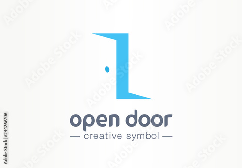 Open door, in and out creative symbol concept. Enter, exit, real estate agency abstract business logo. Home furniture, room interior, doorway icon.