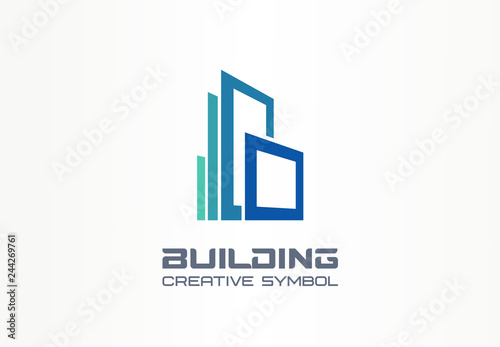 Office building creative symbol concept. Modern skyscraper, 3d architect, construction silhouette abstract business logo. Cityscape, apartment icon.