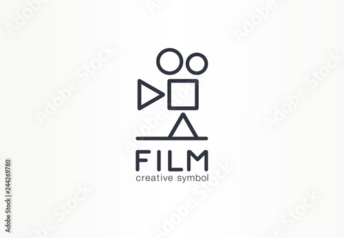 Film, movie industry creative symbol concept. Play, stop, pause button, cinema abstract business logo. Vintage video camera, media production icon