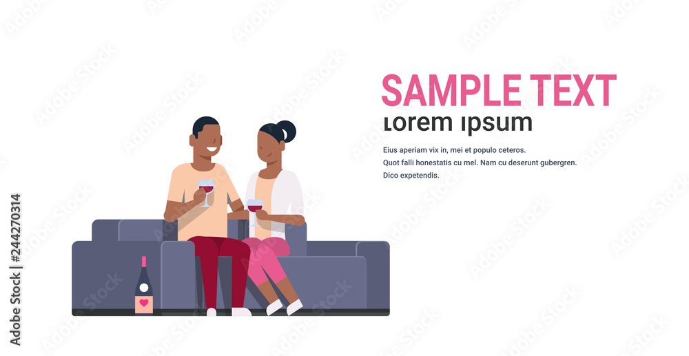 Obraz premium african american couple drinking wine man woman lovers sitting on couch happy valentines day holiday celebration concept flat horizontal isolated copy space vector illustration