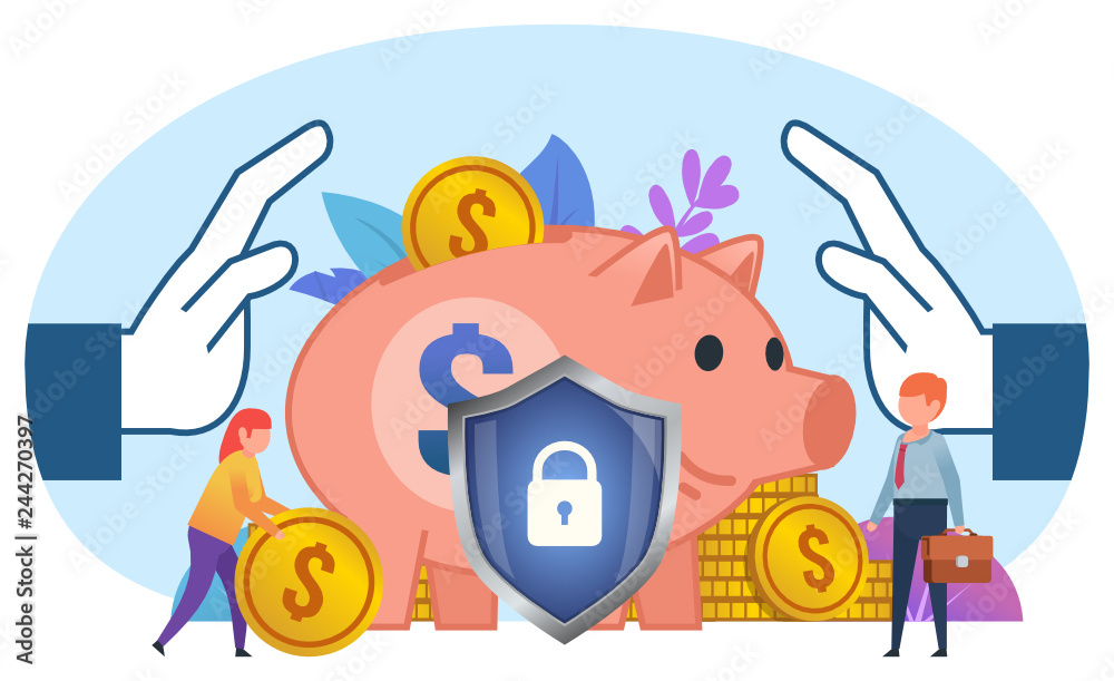 Obraz premium Money, financial insurance. Big hands protecting piggy bank, coins, finances. Poster for social media, web page, banner, presentation. Flat design vector illustration