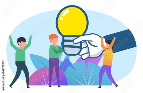 Idea, get help in startup concept. Small people taking idea bulb from big hand. Poster for social media, web page, banner, presentation. Flat design vector illustration