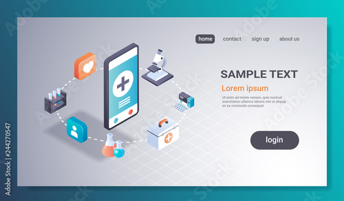 healthcare mobile application online medical laboratory concept smartphone screen medicine tests app interface digital technology 3d isometric horizontal flat copy space vector illustration