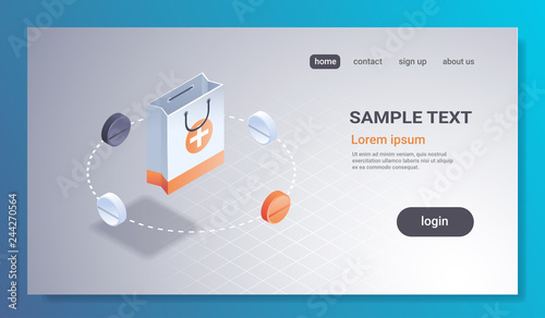 pharmacy drugstore healthcare medical drug treatment concept paper shopping bag medicine cross icon pills drugs tablets 3d isometric horizontal flat copy space