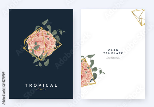 Minimalist invitation card template design  tropical plants and red dahlia flower in golden polygon geometric shape on dark blue background  pastel vintage style