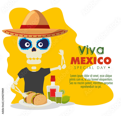skeleton man with tacos and tequila to celebration event