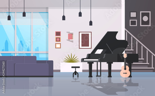 contemporary home hall musical instruments piano guitar empty house room modern apartment interior flat horizontal