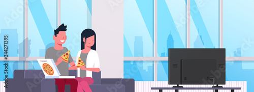 happy couple eating pizza man woman watching tv on couch modern apartment home interior male female cartoon characters portrait flat horizontal banner